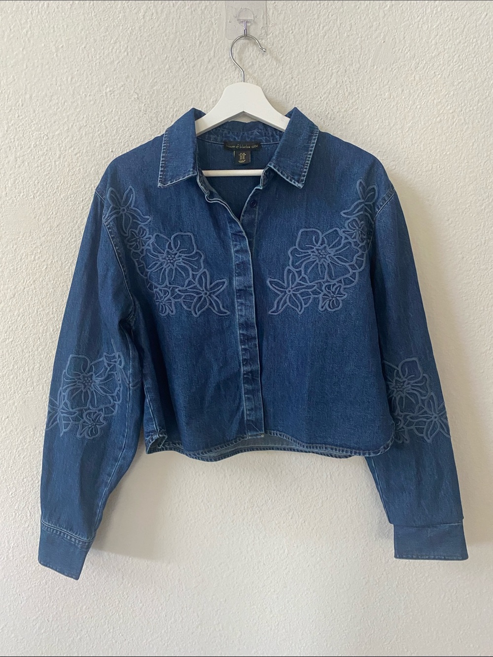 Embroidered Denim Button-Down Cropped Shirt Jacket Medium